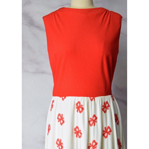 1960s Maxi Dress Size Medium 60s Red and White Gown Embroidered Bows Dress - Picture 2 of 10